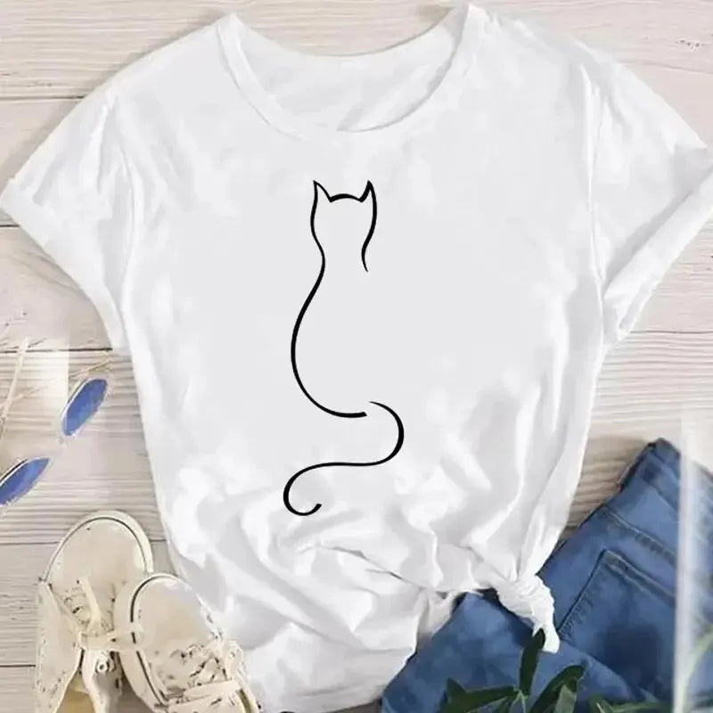 Women Funny Cat O Neck T-shirts Girl Summer Animal Tops Tee