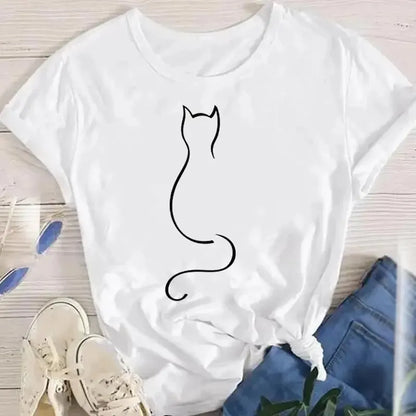 Women Funny Cat O Neck T-shirts Girl Summer Animal Tops Tee