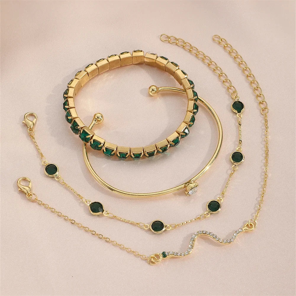 4Pcs/Set Fashion Snake Green Gemstone Bangle Rhinestone Full Metal