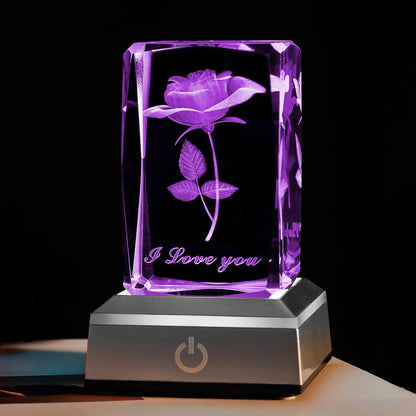 3D Rose Crystal LED Colorful Night Light, Birthday, Christmas, Valentine's