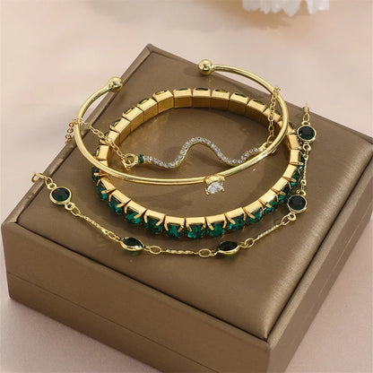 4Pcs/Set Fashion Snake Green Gemstone Bangle Rhinestone Full Metal