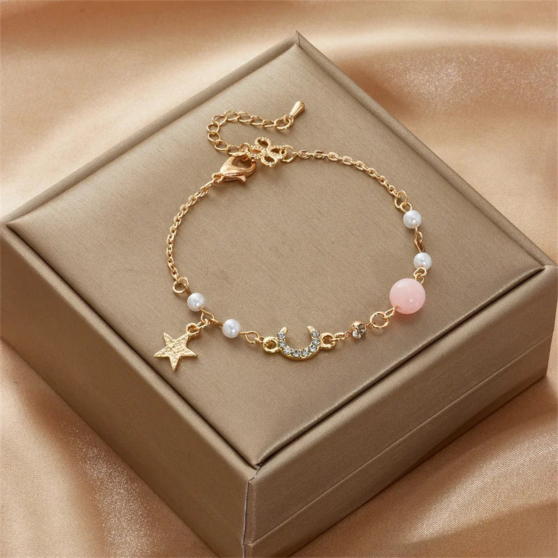 Korean Simple Star Moon Zircon Pearl Bracelet For Women Ladies Cute Elegant