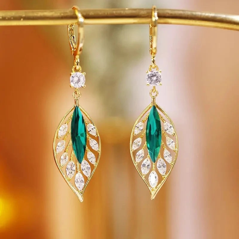 Green Crystal Golden Leaves Earrings for Women Individuality Daily Accessories