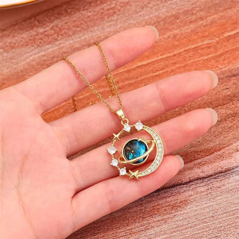 Luxury Inlaid Zircon Planet Moon Pendant Necklace For Women Titanium